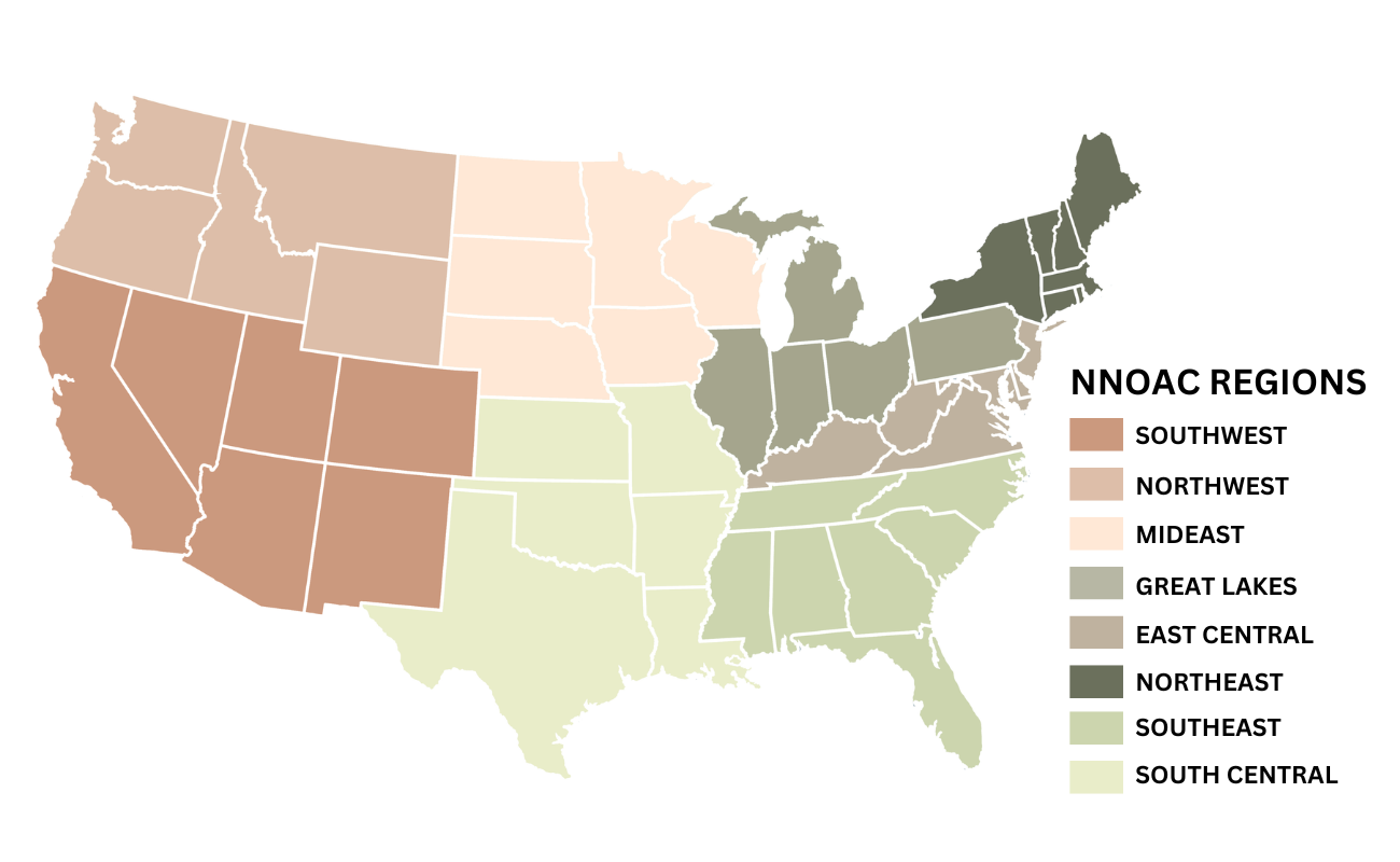 Map of the eight NNOAC regions across the United States